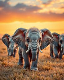 Adorable and charming elephants walking across a sunset field, emphasizing cute features like large eyes and floppy ears.