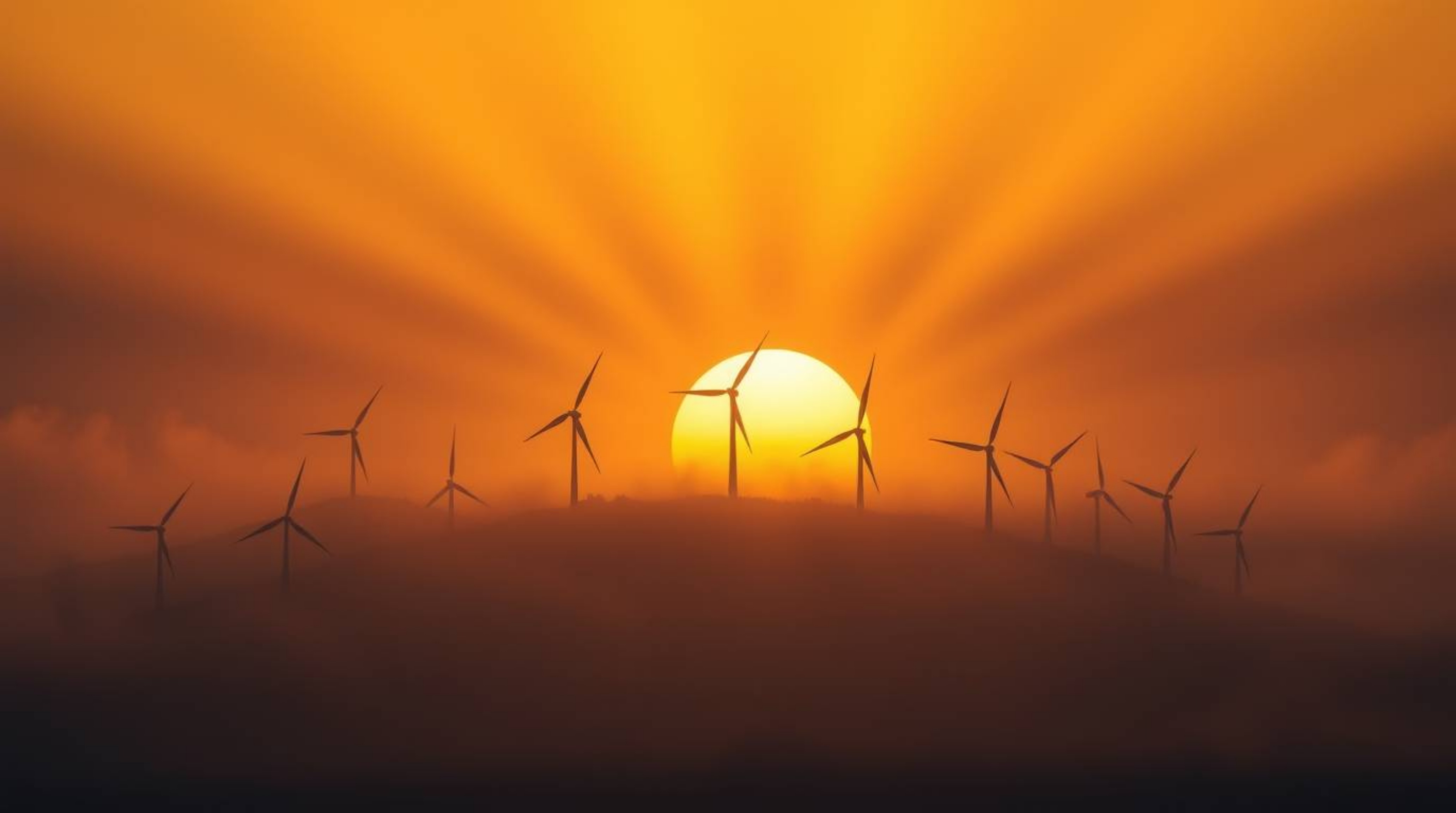 A breathtaking 16:9 landscape photograph captures a mystical sunset behind a hill of wind turbines.  Ethereal light beams pie