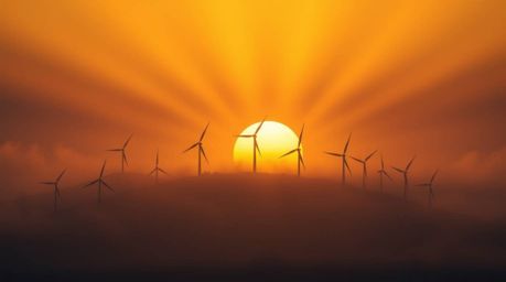 A breathtaking 16:9 landscape photograph captures a mystical sunset behind a hill of wind turbines.  Ethereal light beams pie