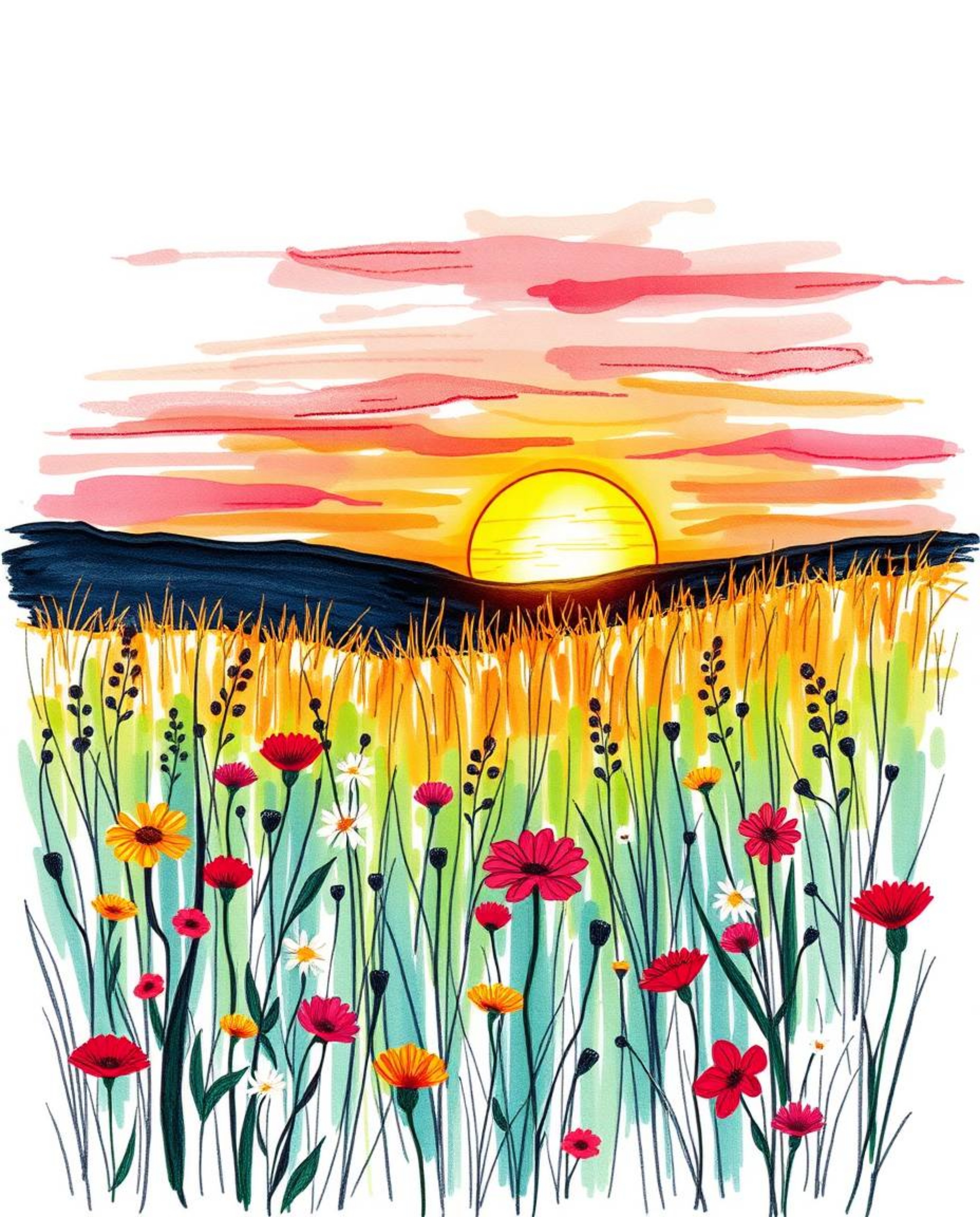 A high-angle, dreamlike, and surreal depiction of a sunset over a spring wildflower meadow. This artwork, seen from an elevat