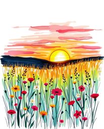 A high-angle, dreamlike, and surreal depiction of a sunset over a spring wildflower meadow. This artwork, seen from an elevat