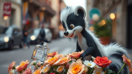 A charming and candid street photography image showcasing a cartoon skunk playfully spraying perfume onto flowers. The sharp 