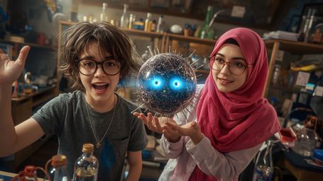 In a vibrantly colored and high-contrast cinematic photograph, two diverse and expressive science fair participants, a boy wi