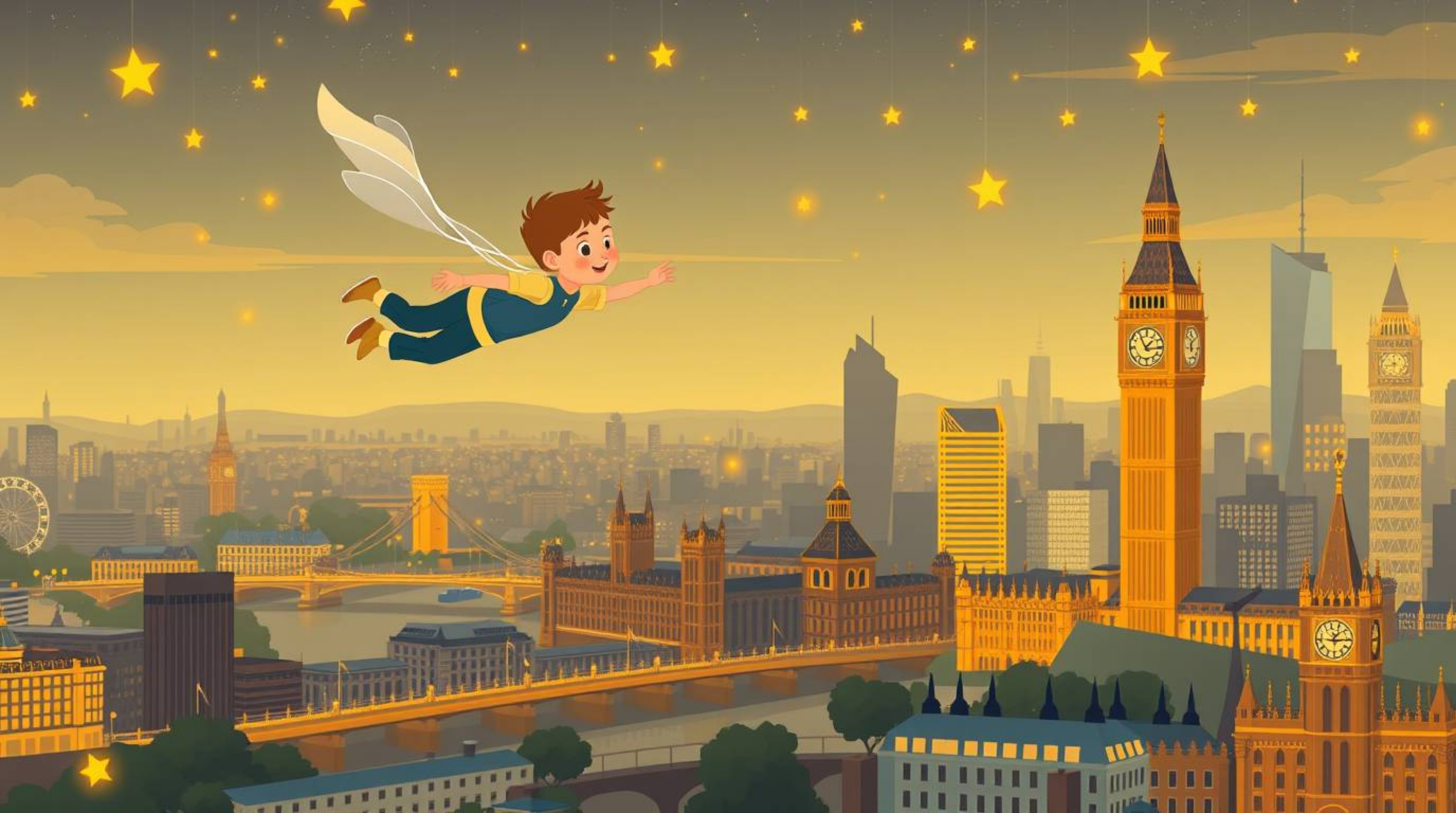 A young boy embarks on a magical adventure, soaring above a stylized London cityscape bathed in a warm, golden glow. Rendered