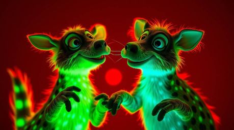 Capture the magic with this high-resolution stock photo featuring a duo of talking animals in a mischievous pose, illuminated