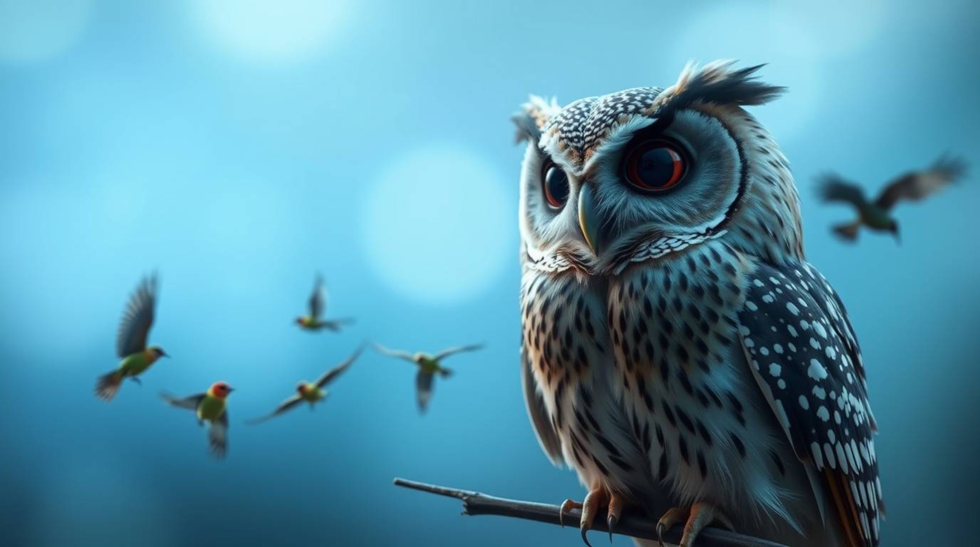 This long exposure photo evokes a deeply ethereal and spiritual feel, featuring a Pixar-style blind owl with soft, expressive