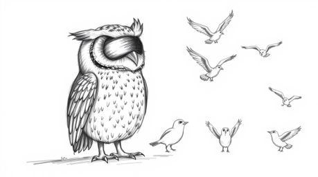 A captivating hand-drawn pencil sketch in the style of Pixar depicts a blind owl, meticulously detailed with textured feather