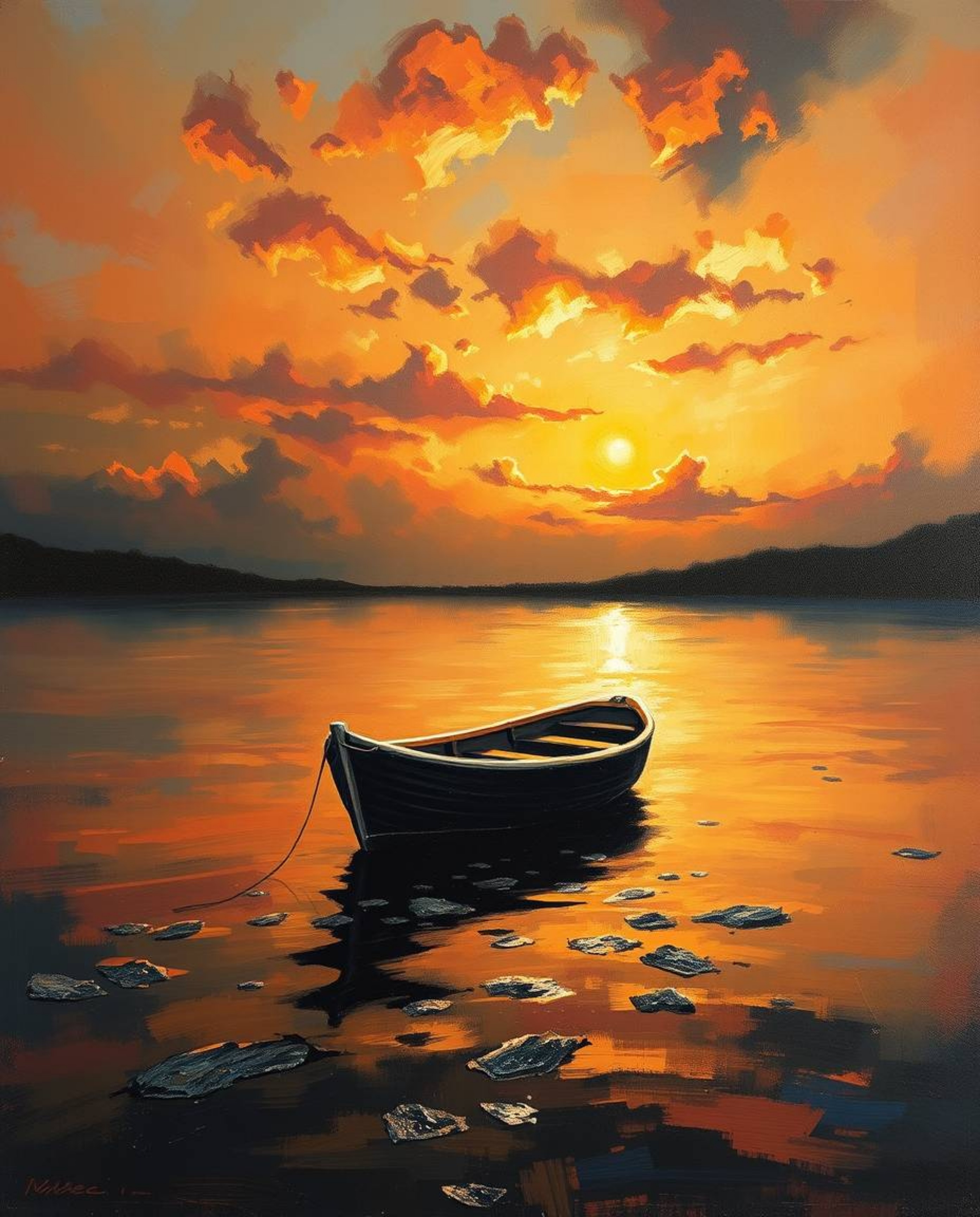 A classic oil painting depicts a boat adrift on a sunset lake. The scene is characterized by strong lighting that casts harsh