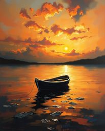 A classic oil painting depicts a boat adrift on a sunset lake. The scene is characterized by strong lighting that casts harsh