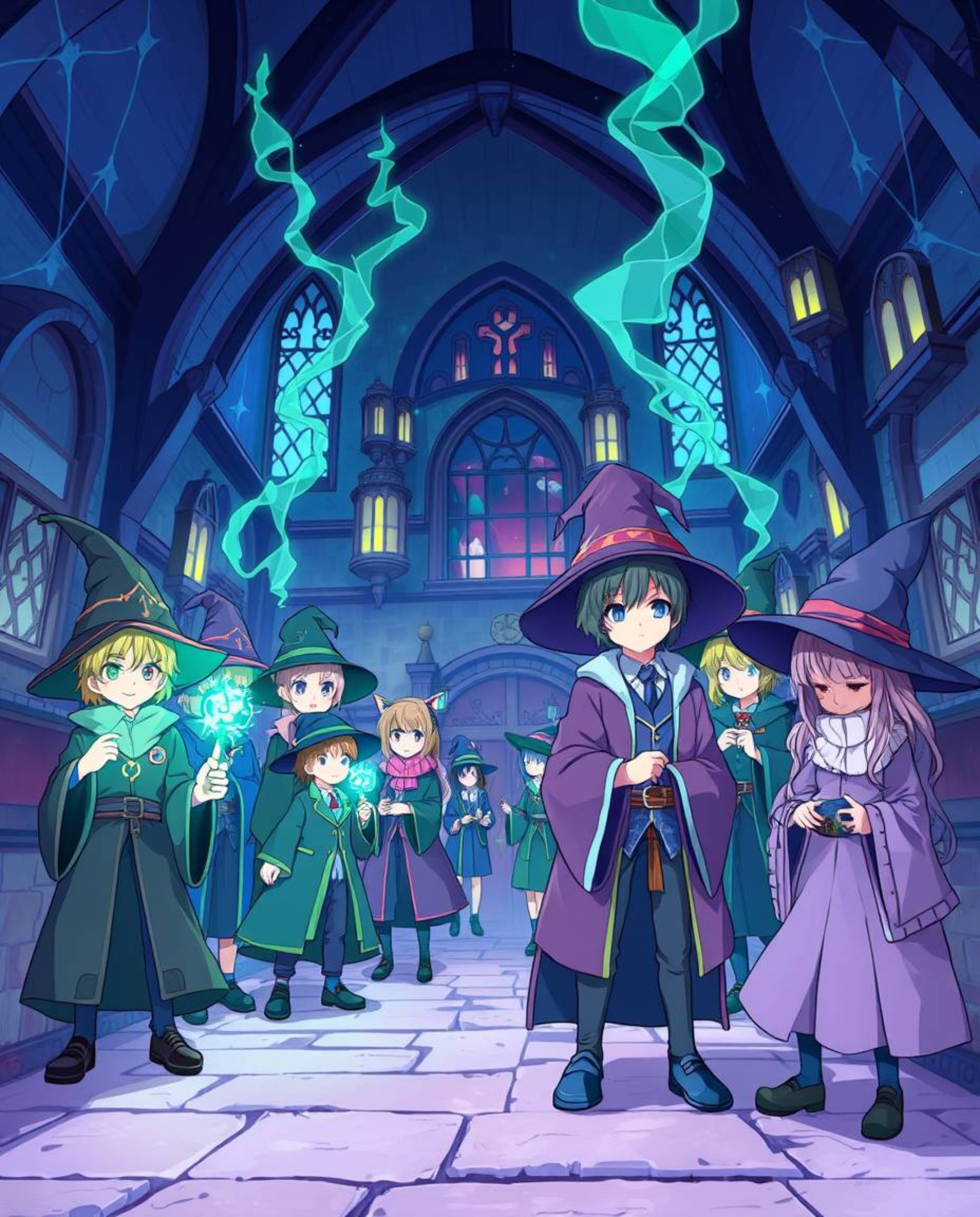 Explore a vibrant Isekai anime style illustration featuring a magical school bustling with young wizards. The artwork boasts 