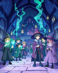 Explore a vibrant Isekai anime style illustration featuring a magical school bustling with young wizards. The artwork boasts