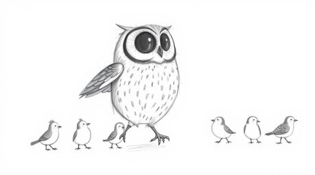 A heartwarming hand-drawn Pixar-style sketch depicts a blind owl gently leading a flock of small birds in a beautifully synch