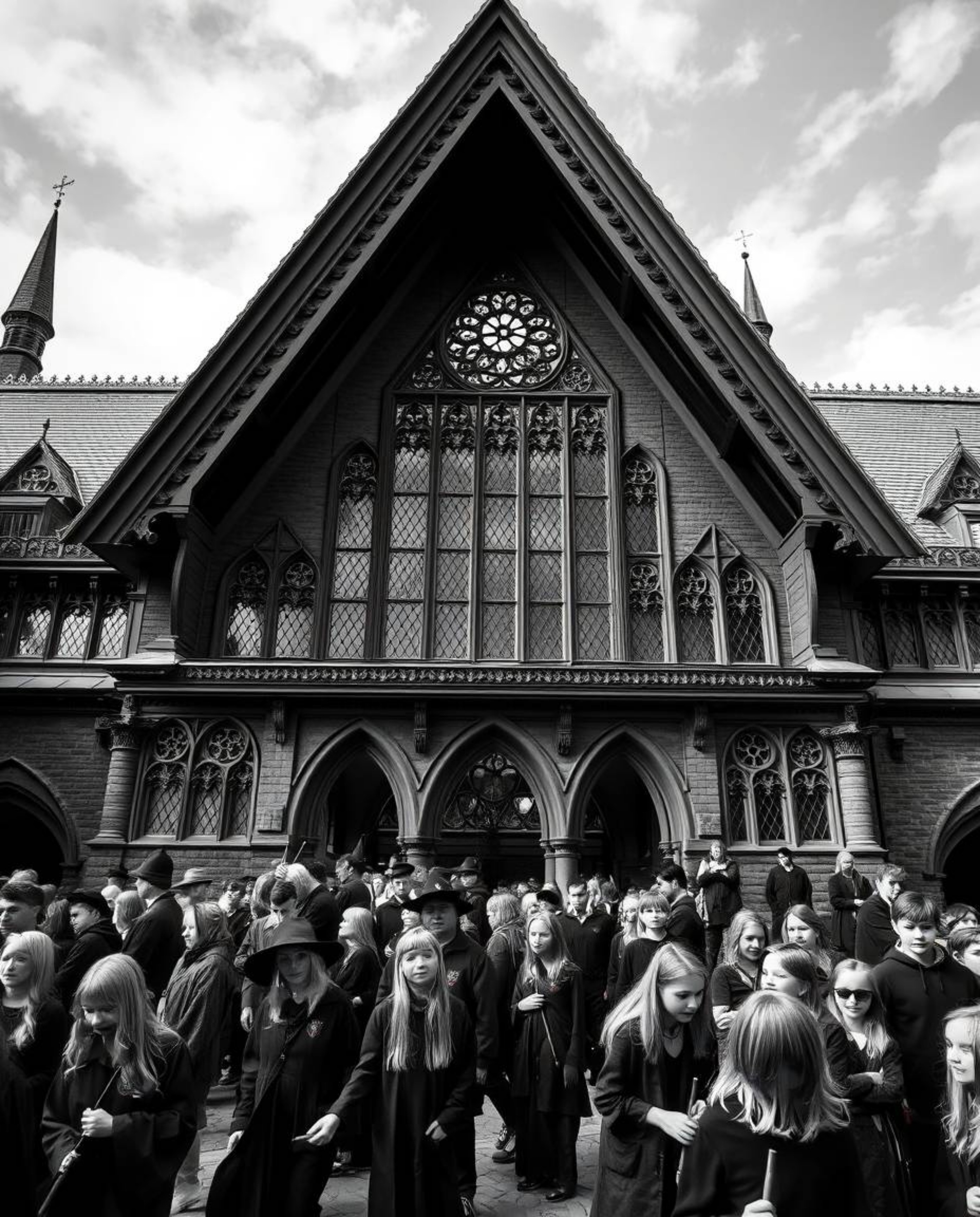 Explore the captivating architecture of a magical school filled with young wizards, rendered in stunning black and white. Thi
