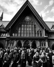 Explore the captivating architecture of a magical school filled with young wizards, rendered in stunning black and white. Thi