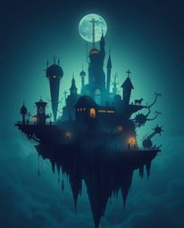 Explore a captivating surreal floating island featuring bizarre scenes and strange architecture bathed in a cool color palett