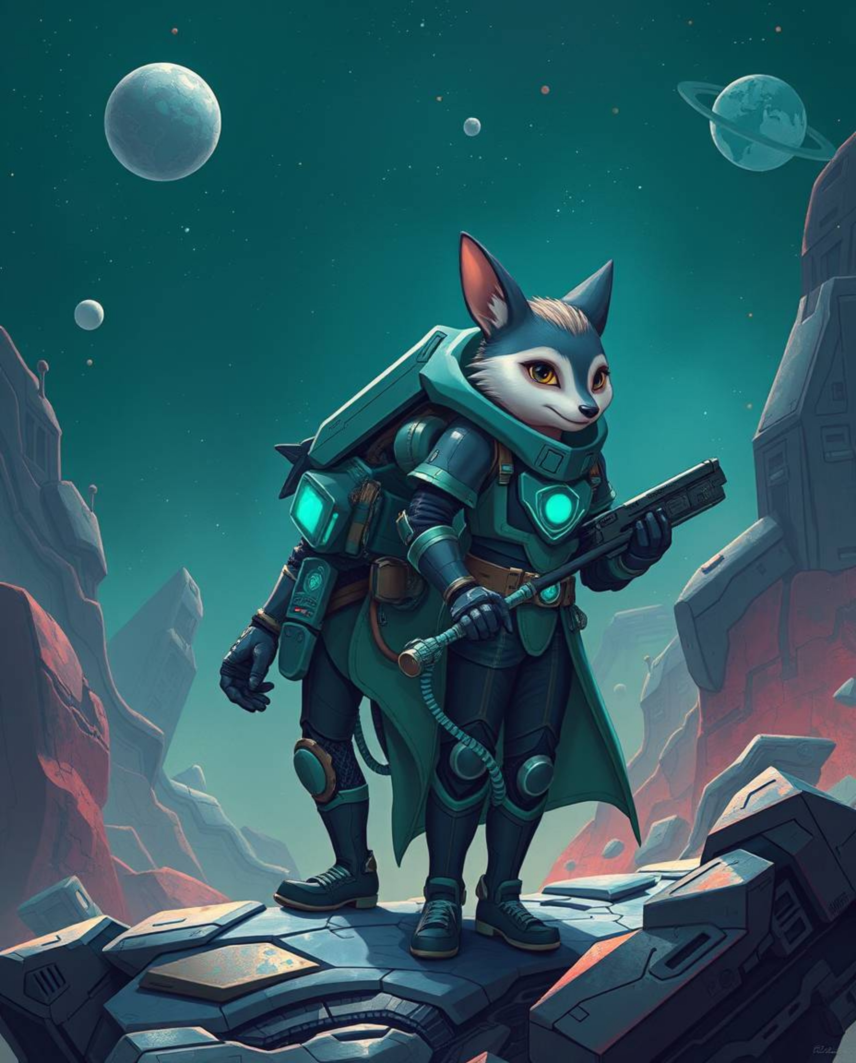 Embark on a futuristic sci-fi adventure with a hero aided by a talking animal sidekick. This illustration showcases a rich, d