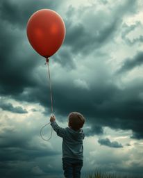 A captivating image featuring a child holding a balloon under dramatic, stormy skies. The scene evokes a sense of high tensio