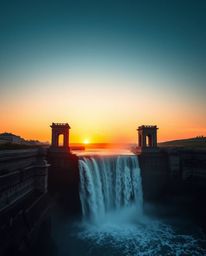 This is a dramatic, cinematic-style piece of precise architectural color photography, capturing a sun setting behind a specta