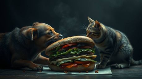 A captivating and unsettling image depicts a dog and cat engaged in a fierce battle over an enormous sandwich.  The photograp