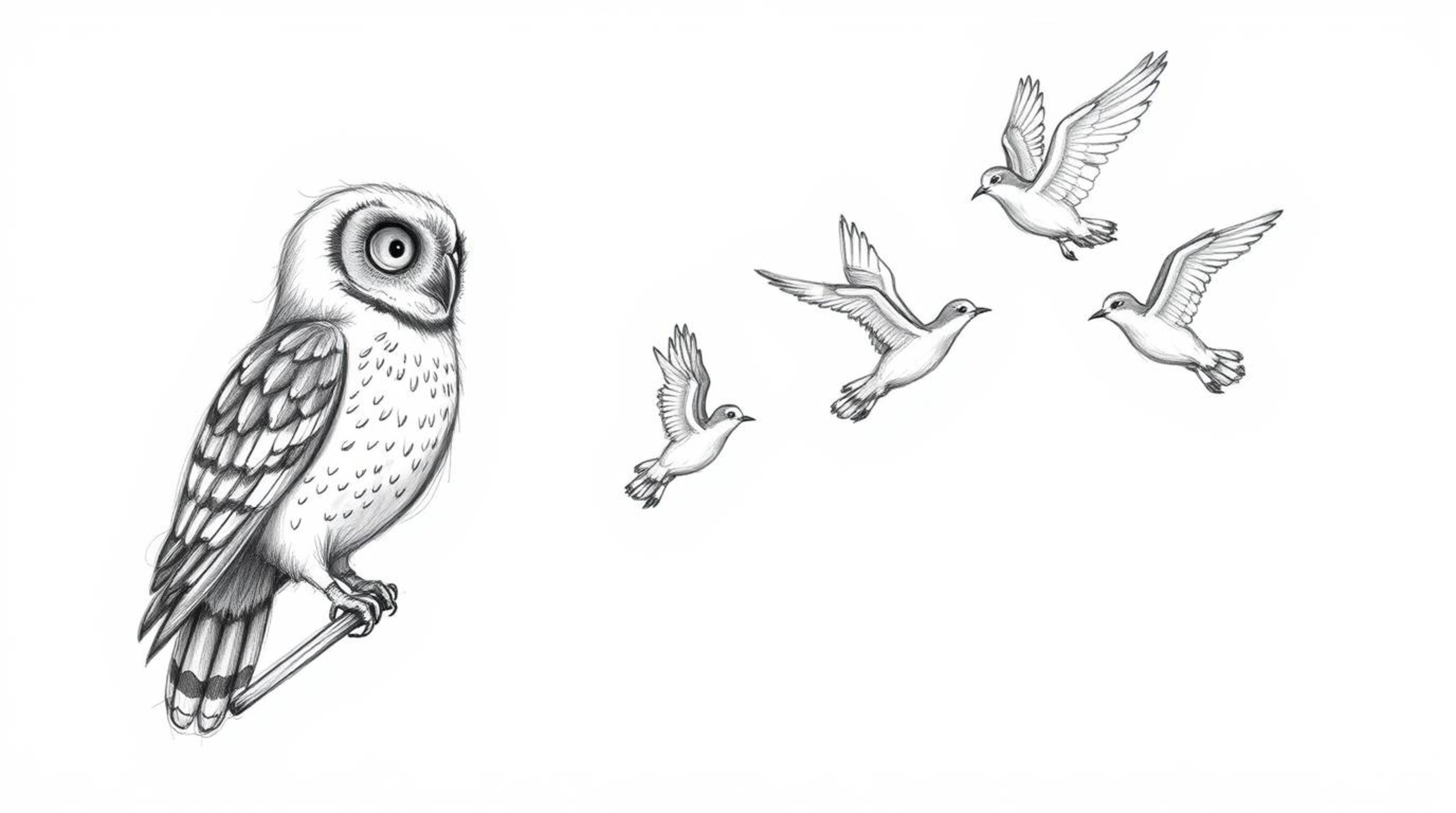 A heartwarming, Pixar-inspired hand-drawn pencil sketch depicts a blind owl patiently guiding birds in a breathtaking synchro