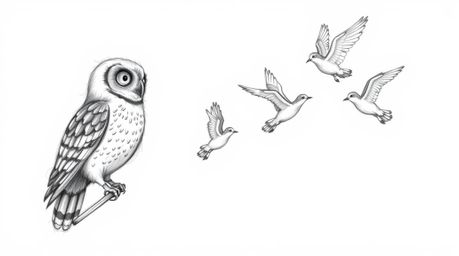 A heartwarming, Pixar-inspired hand-drawn pencil sketch depicts a blind owl patiently guiding birds in a breathtaking synchro