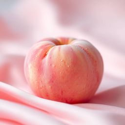 A mesmerizing close-up captures the ASMR aesthetic of a soft, blushing pink peach resting on silky pastel pink fabric.  The i