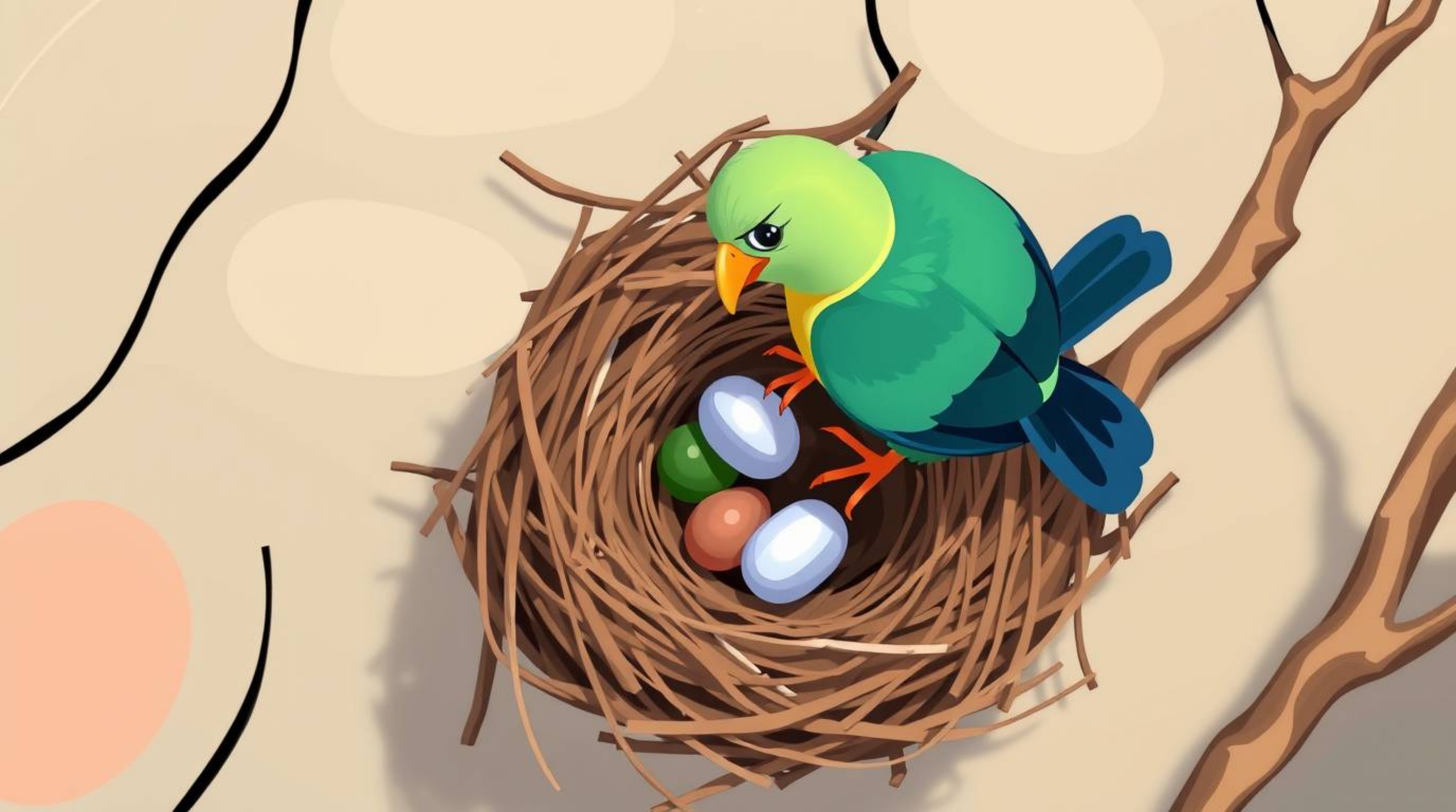 A charming animation depicting two cartoon birds meticulously constructing a nest from twigs.  The overhead, bird's-eye view 