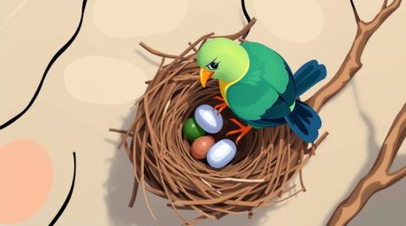 A charming animation depicting two cartoon birds meticulously constructing a nest from twigs. The overhead, bird's-eye view