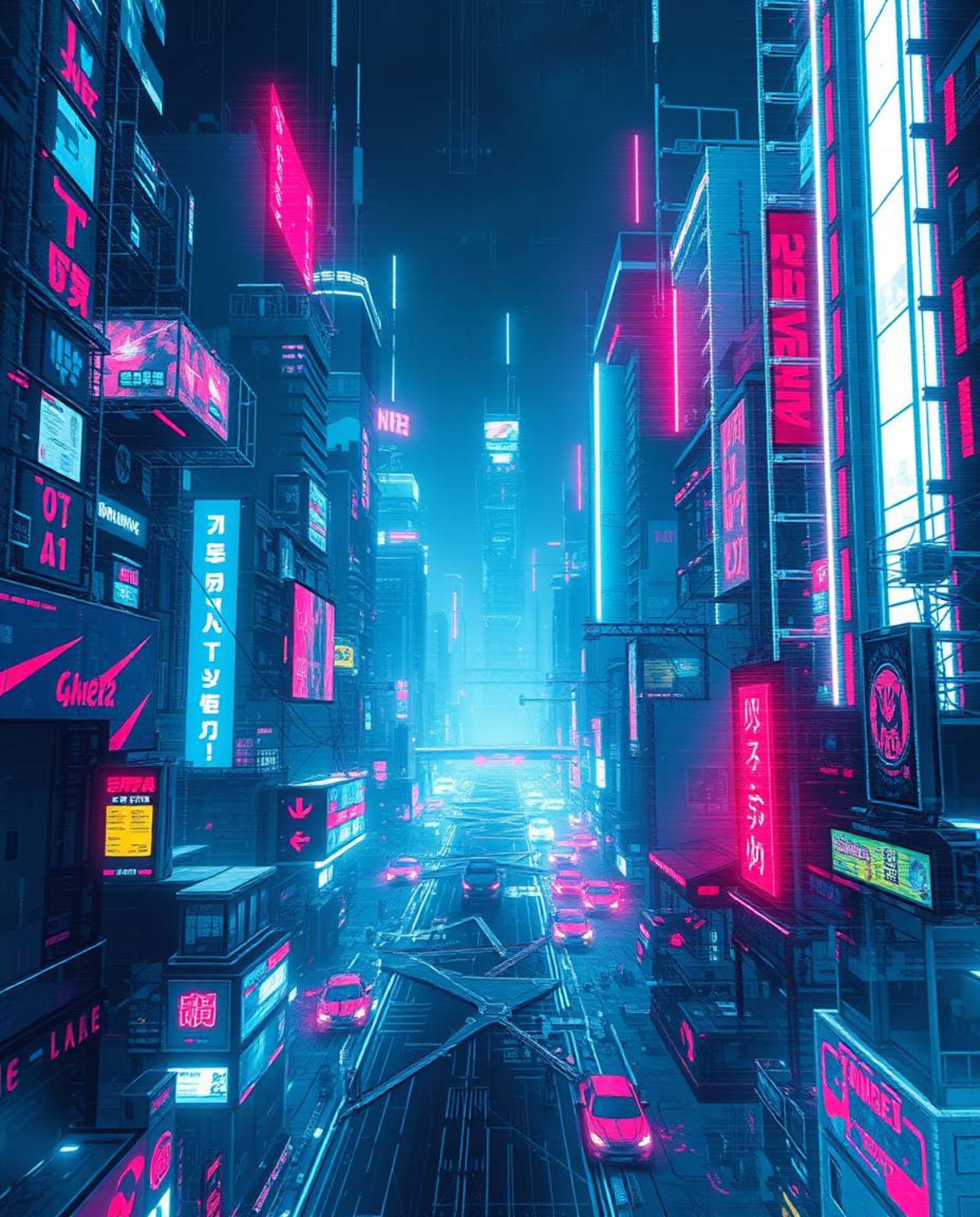 Immerse yourself in a high-contrast digital painting of a futuristic city consumed by a glitch aesthetic.  Featuring flickeri