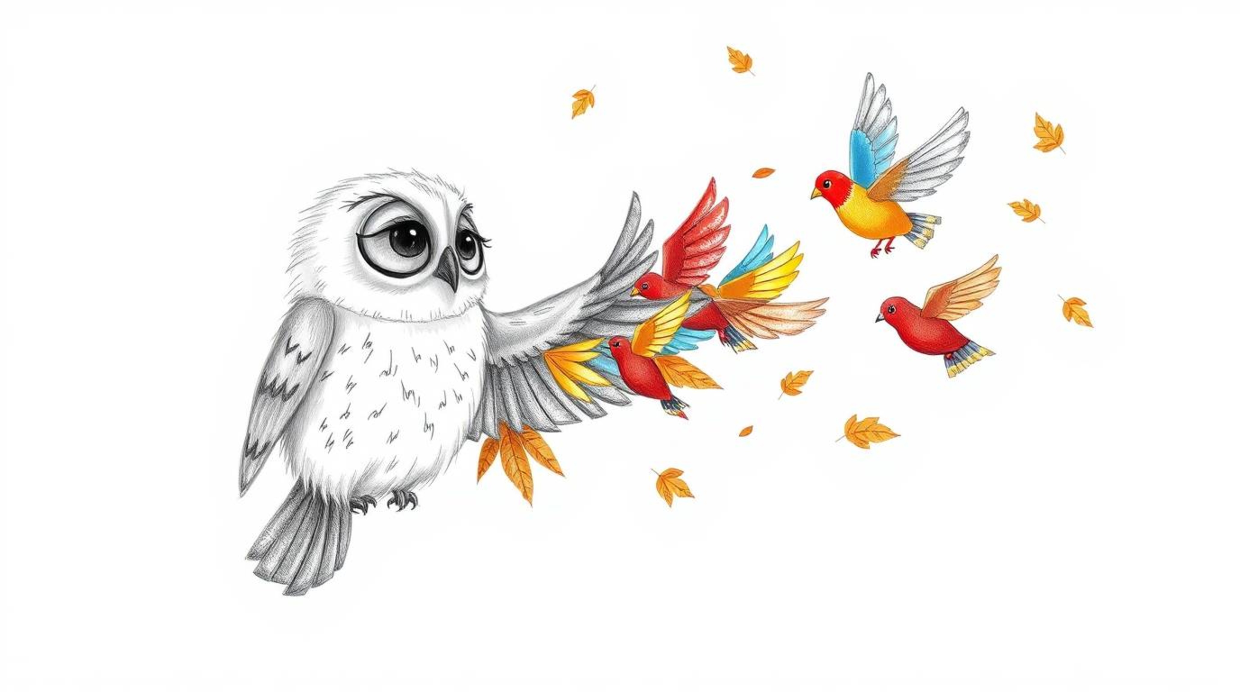 A heartwarming hand-drawn sketch depicts a wise, blind, elderly owl with soft, downy plumage guiding a flock of vibrant birds