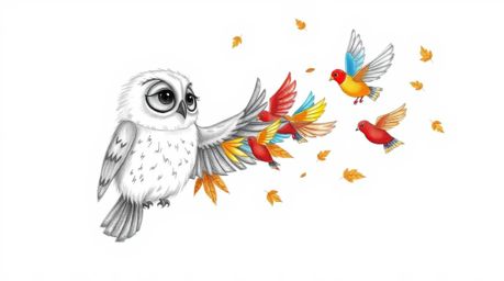 A heartwarming hand-drawn sketch depicts a wise, blind, elderly owl with soft, downy plumage guiding a flock of vibrant birds