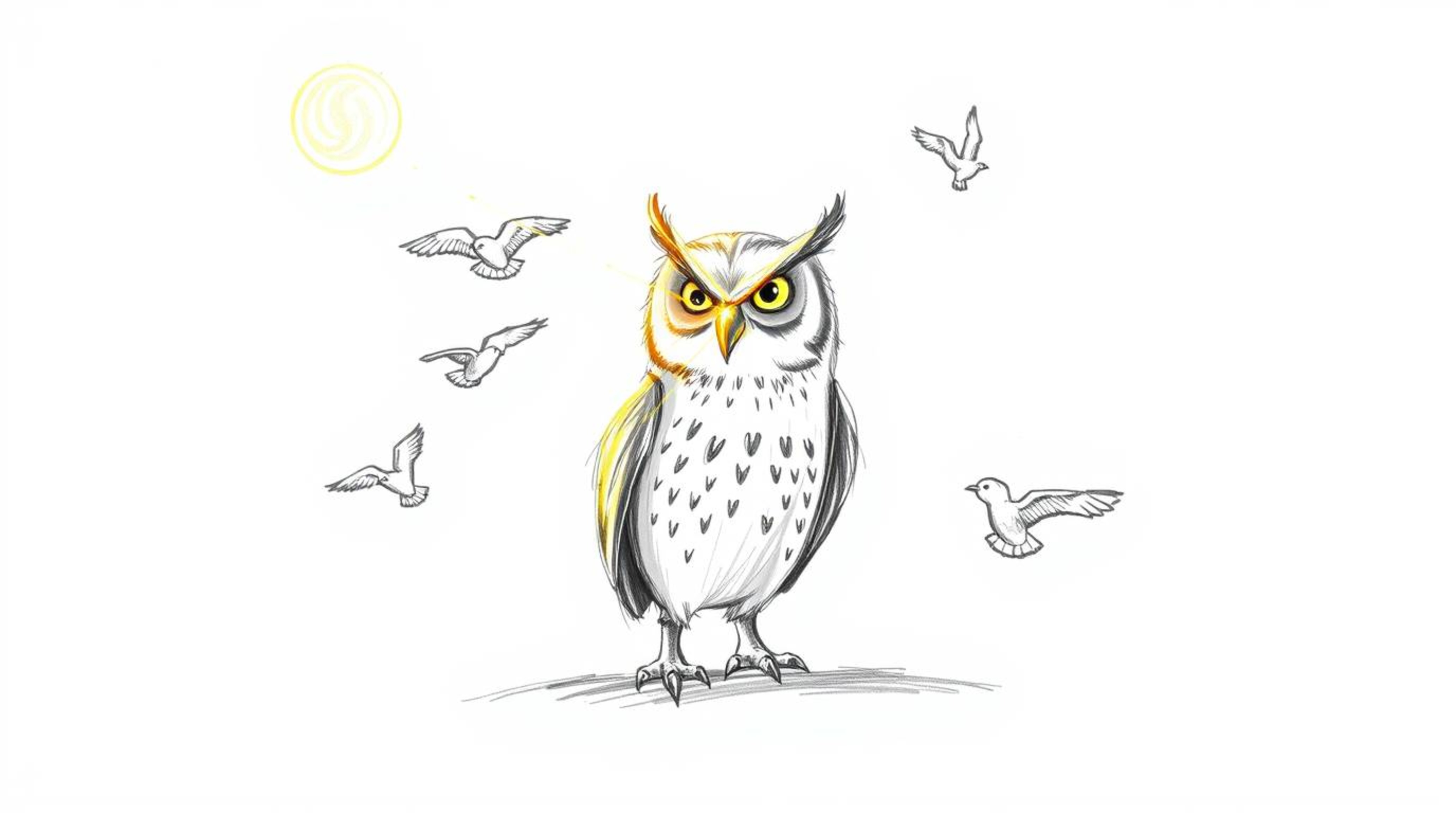 A heartwarming hand-drawn Pixar style sketch depicts a blind owl, its feathers radiating a soft glow in a beam of sunlight, d