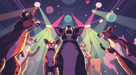 Experience the electrifying energy of an animal dance party, captured in a vibrant and inspired logo style. This low-angle pe