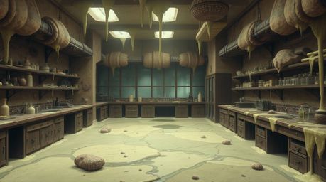 An enchanting slime-covered science lab, rendered in muted natural earth tones of browns and beiges, creates a mystic and dre