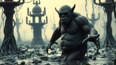 A captivating architectural photograph depicts an ogre elegantly dancing in a swamp.  The image boasts rich burgundy and deep