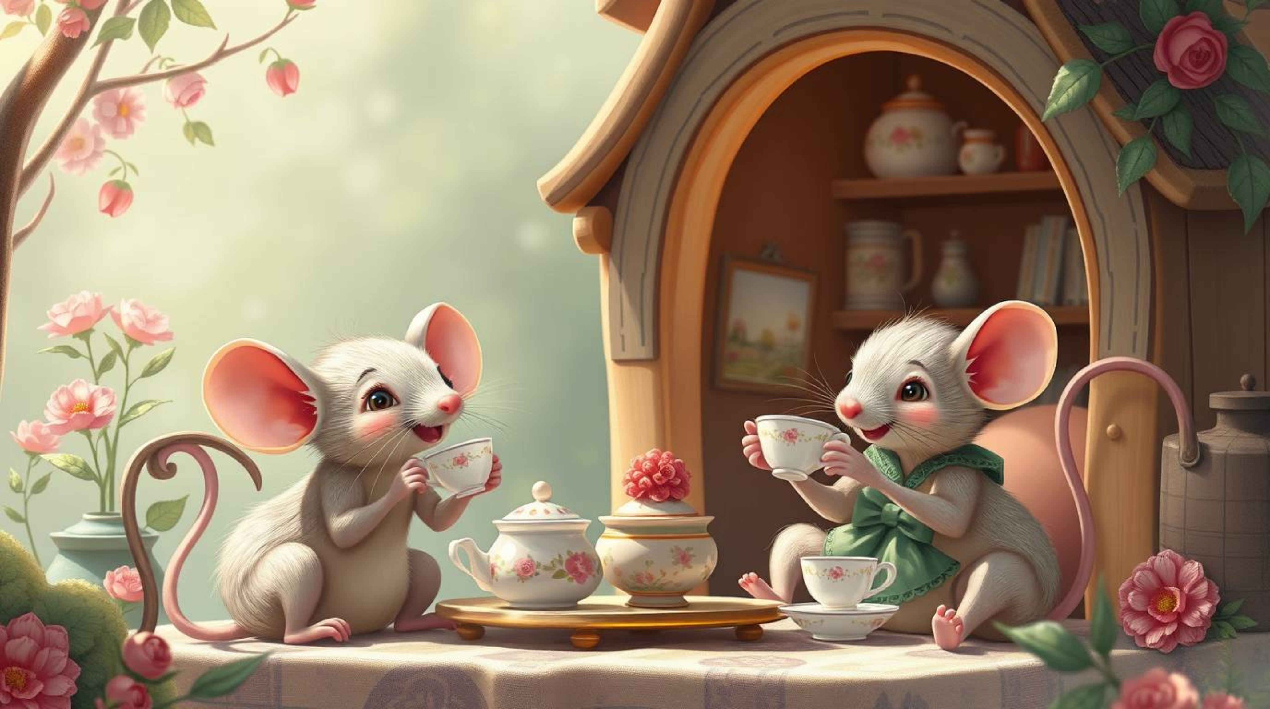 Anthropomorphic mice with graceful, elegant, and lively features are enjoying tea in a cozy cottage, brought to life with a b