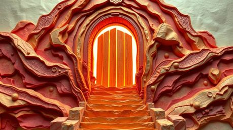 A breathtaking, multi-layered papier-mâché gate, bathed in warm reds, oranges, and yellows, evokes a dreamlike fantasy realis
