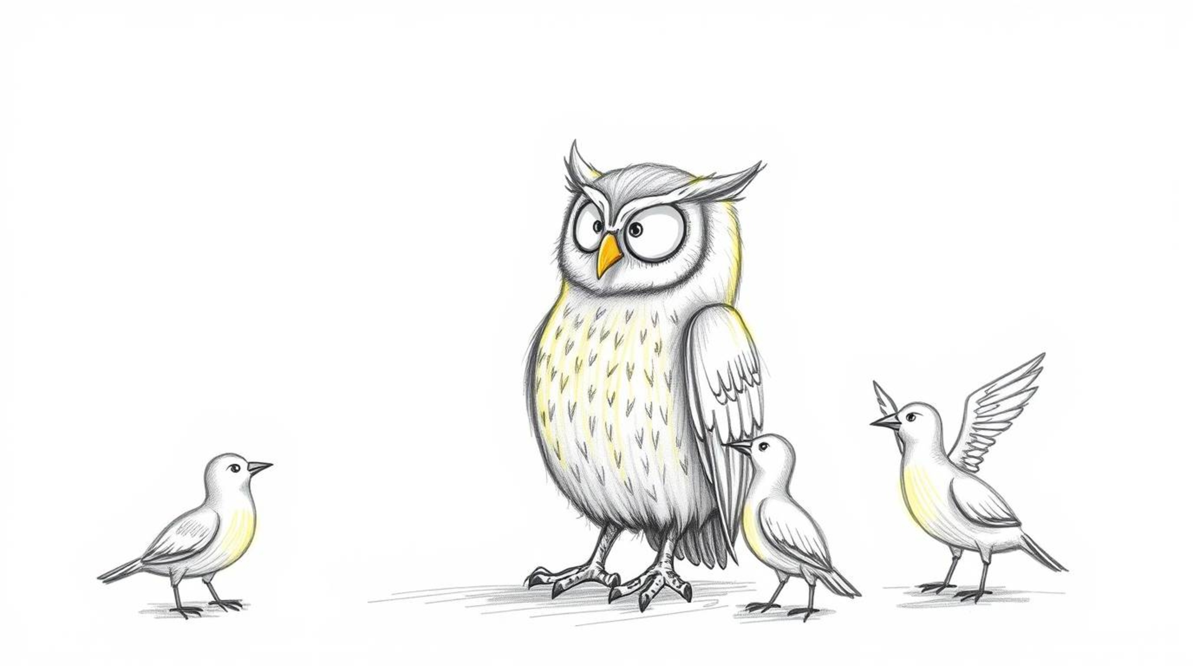 A captivating hand-drawn sketch in Pixar style depicts a wise, blind owl instructing a group of birds. The owl's feathers gl