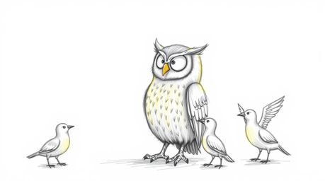 A captivating hand-drawn sketch in Pixar style depicts a wise, blind owl instructing a group of birds.  The owl's feathers gl