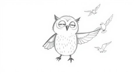 A heart-warming hand-drawn pencil sketch in Pixar style depicts a blind owl with soft, rounded features as he teaches a flock