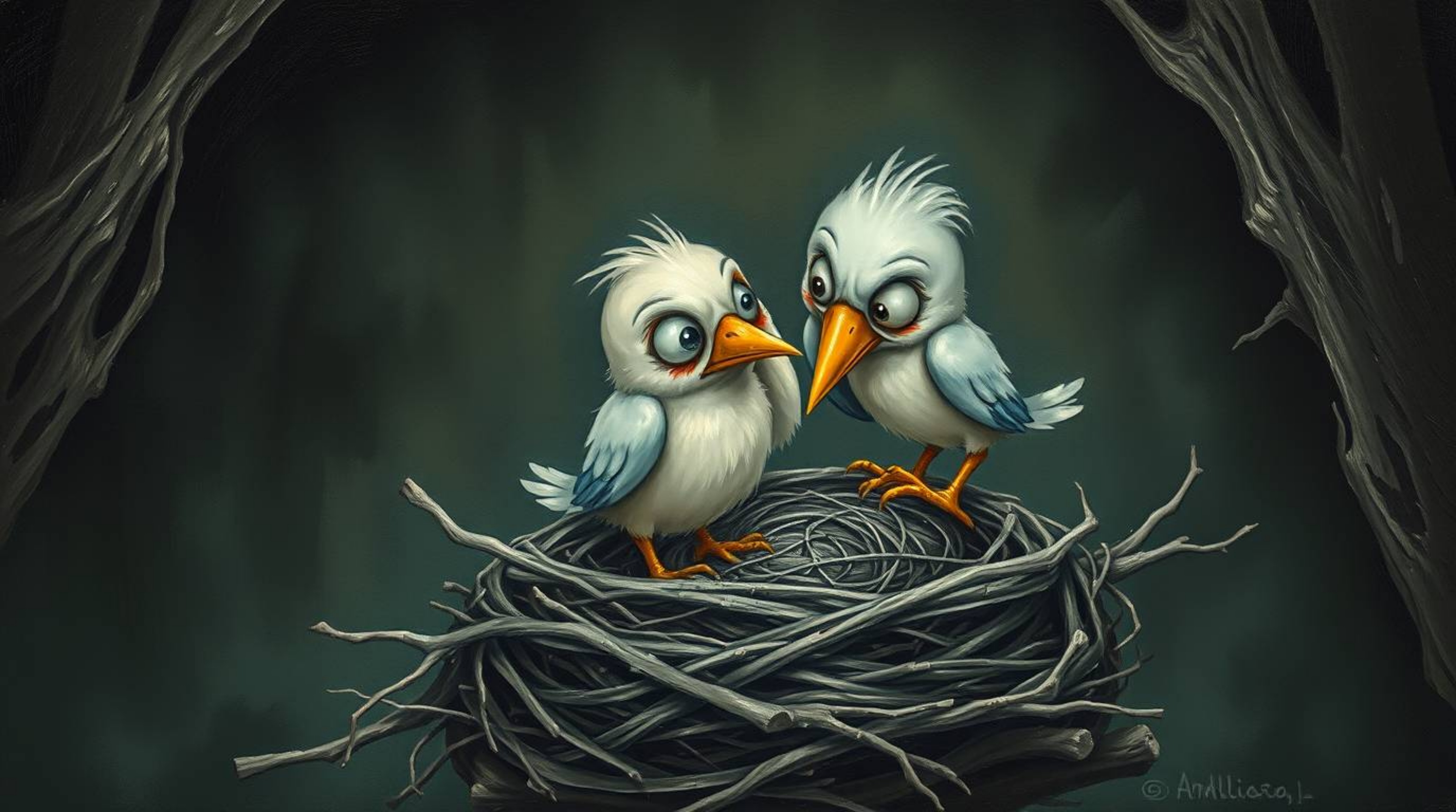 This series of images depicts two cartoon birds diligently building a nest in a classic animation style, rendered with rich t