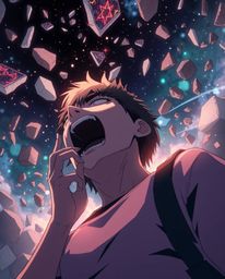 A dramatic scene unfolds, inspired by Isekai anime, featuring a person screaming and looking upwards as their world disintegr