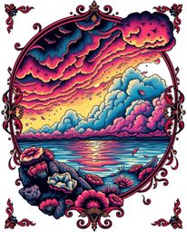A symbolic traditional tattoo art print depicts a colorful sky over a coral reef at low tide. This piece features intense dra