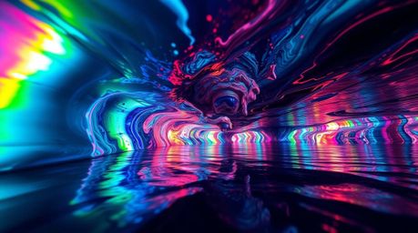 Explore a mesmerizing river delta bathed in iridescent and twilight hues, captured from a captivating low-angle perspective. 