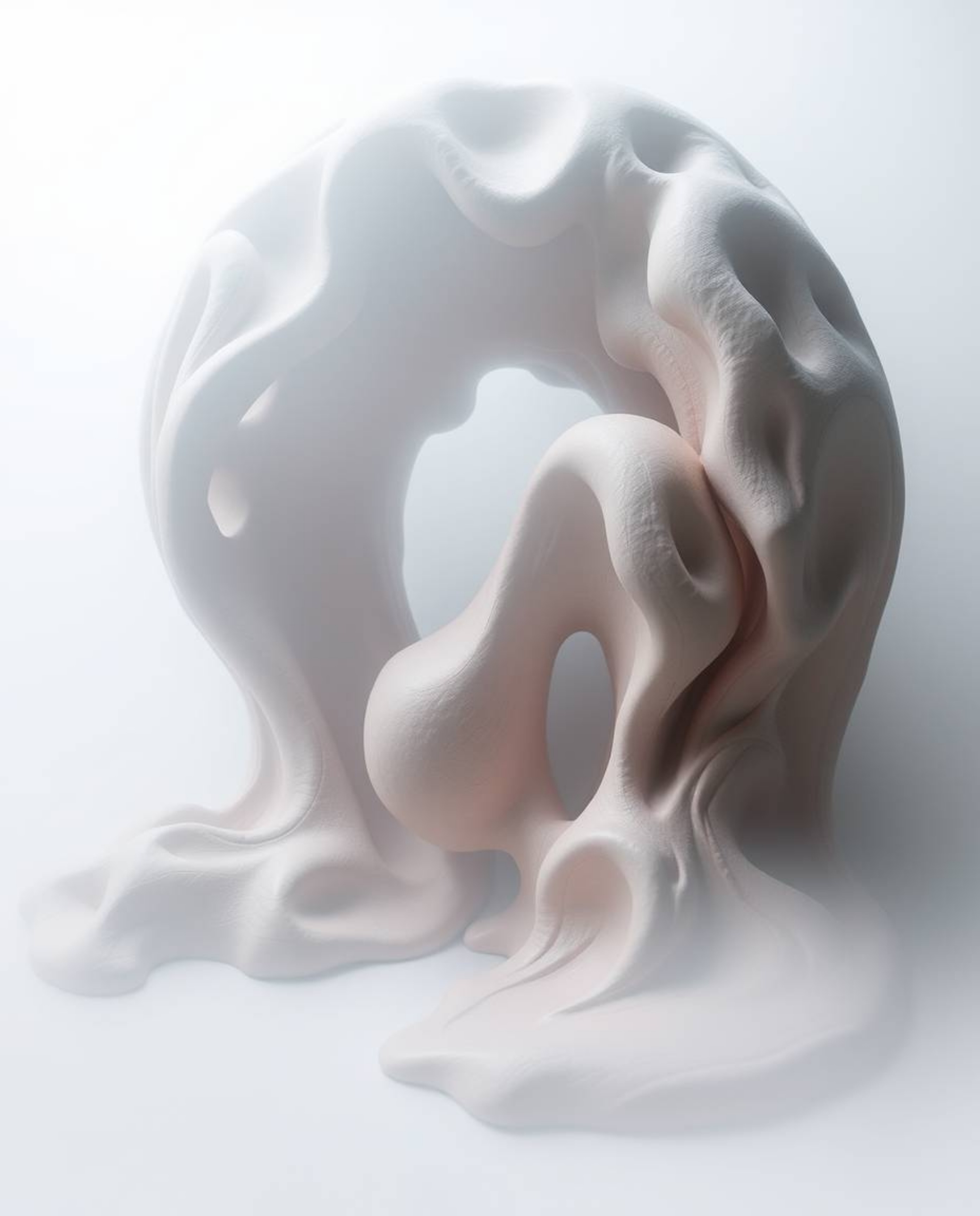 Explore a mesmerizing sculptural clay art piece showcasing surreal 3D fluid shapes, reminiscent of melted glass, set within a