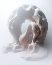 Explore a mesmerizing sculptural clay art piece showcasing surreal 3D fluid shapes, reminiscent of melted glass, set within a