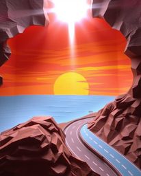 This is a papier-mâché sculpture of a sunset sky over a winding coastal highway, characterized by its vibrant colors and dyna