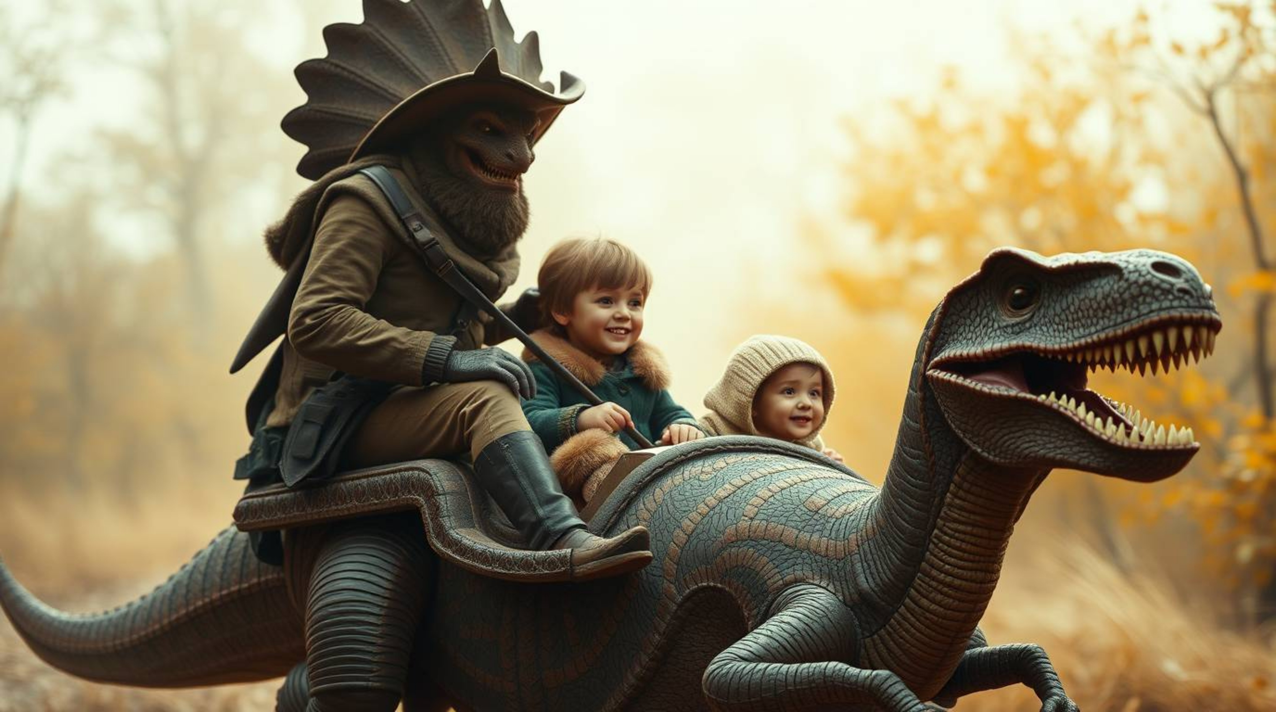 A heartwarming scene unfolds: a prehistoric family enjoys a whimsical road trip in a dinosaur-shaped car.  Bathed in soft, au