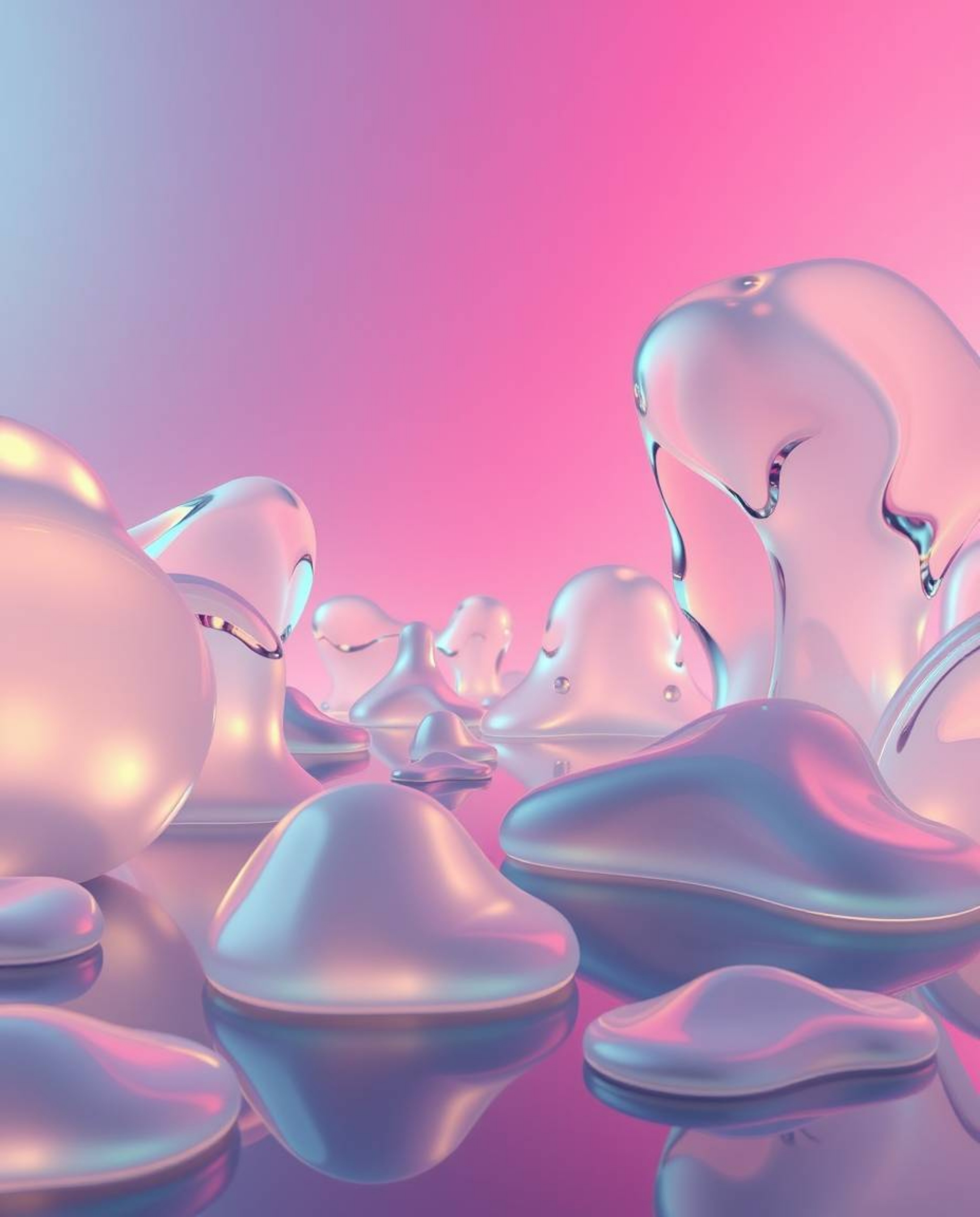 High-resolution stock photo showcasing a seamless gradient transition across surreal, hyperrealistic 3D melted glass shapes i