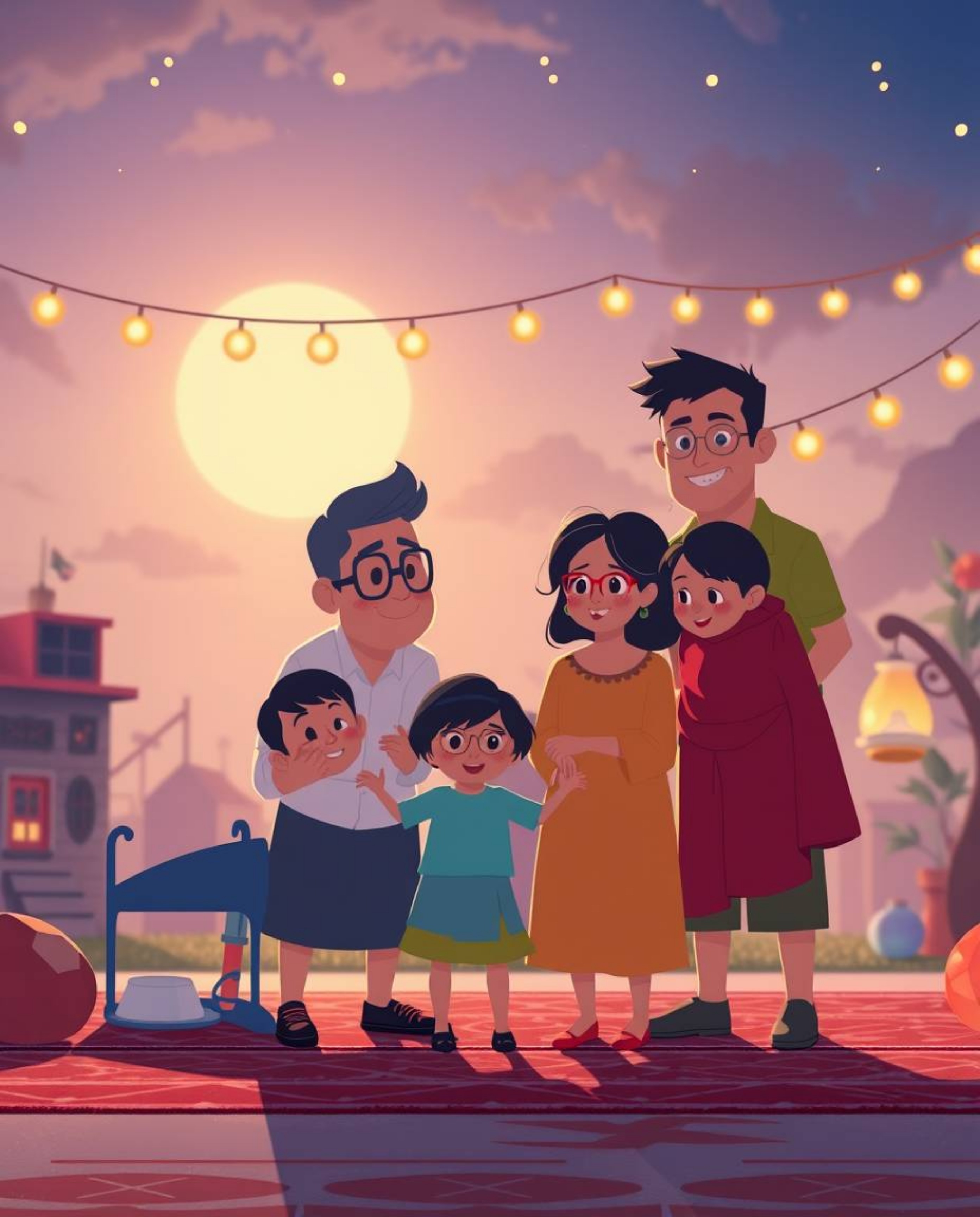 This artwork captures an epic and heartfelt family reunion in a modern, flat-design Pixar style. The scene features amazing l